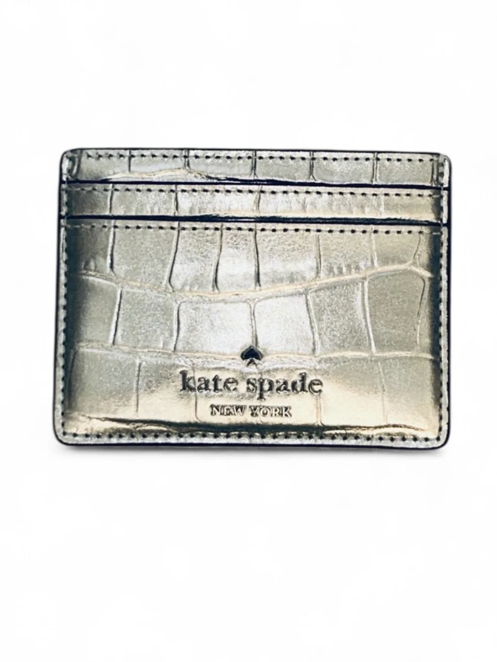 Kate Spade Madison Croc Embossed Slim Card Holder Silver NWT